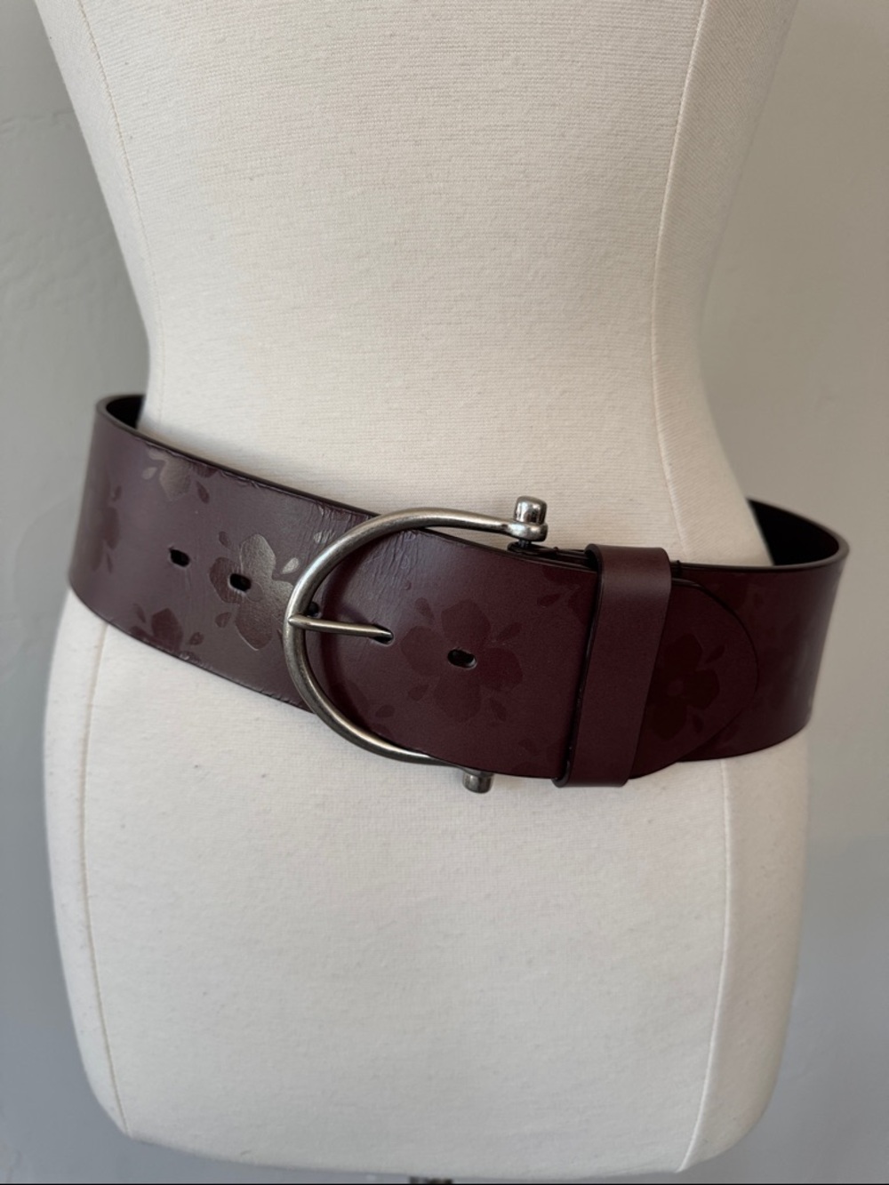 Laura Ashley Leather Wide Floral-Embossed Belt With Silver Tone Buckle